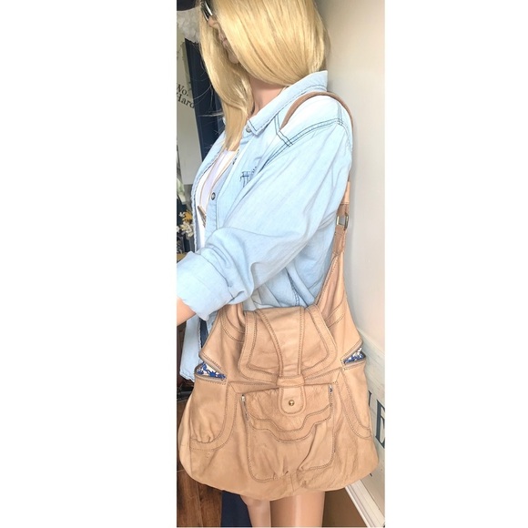 Lucky Penny Large leather reversible Purse tan and blue floral - Picture 3 of 16